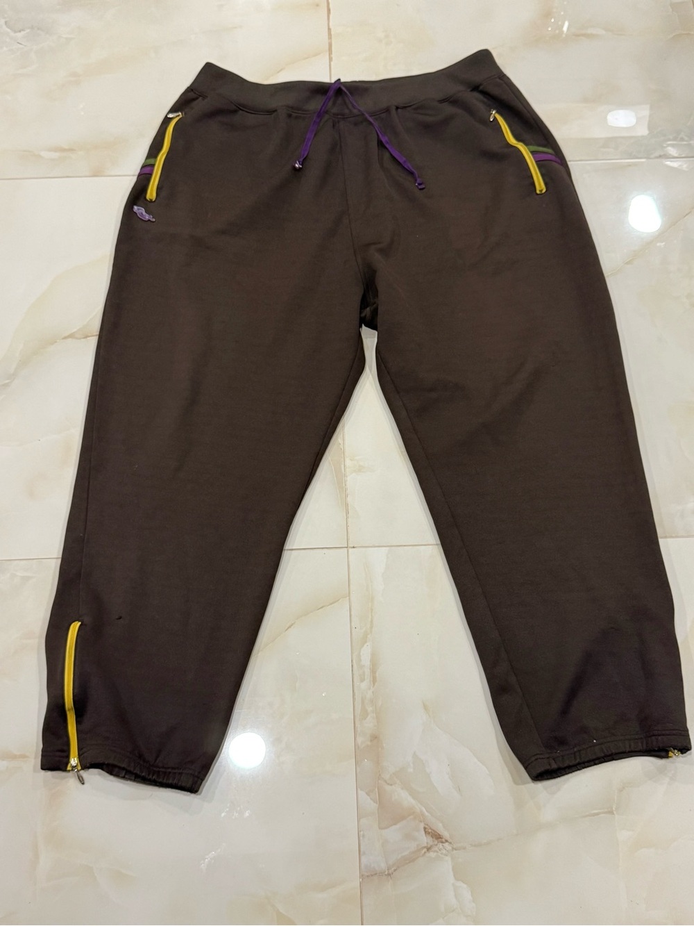 Rocawear Brown Sweatpants with Yellow Zippers & Purple Drawstring